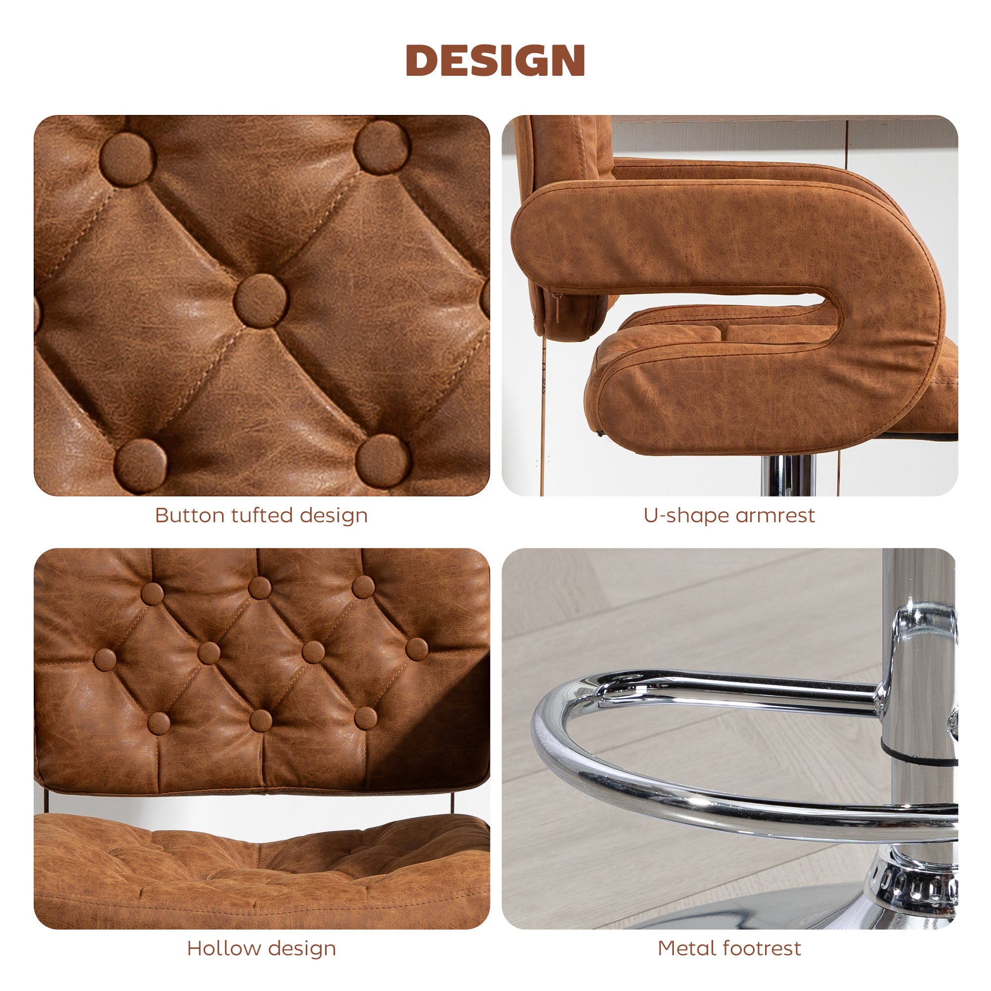 HOMCOM PU Leather Upholstered Swivel Bar Stool, Height Adjustable with Back, Armrest, Footrest, Brown 