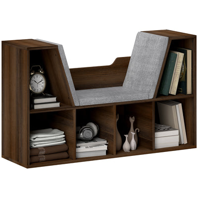 HOMCOM Bookcase Storage Shelf with Cushioned Reading Seat, Cube Bookshelf Organizer for Bedroom Living Room, Chestnut 
