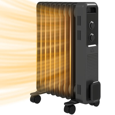 HOMCOM 2000W Oil Filled Radiator, 9 Fin, Portable Electric Heater with 3 Heat Settings, Safety Cut-Off and Wheels, Grey 