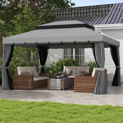 Outsunny 3 x 4m Aluminium Garden\'c2\'a0Gazebo, Marquee Canopy Shelter Pavilion Party Tent with Nets and Curtains for Garden and Deck, Light Grey 