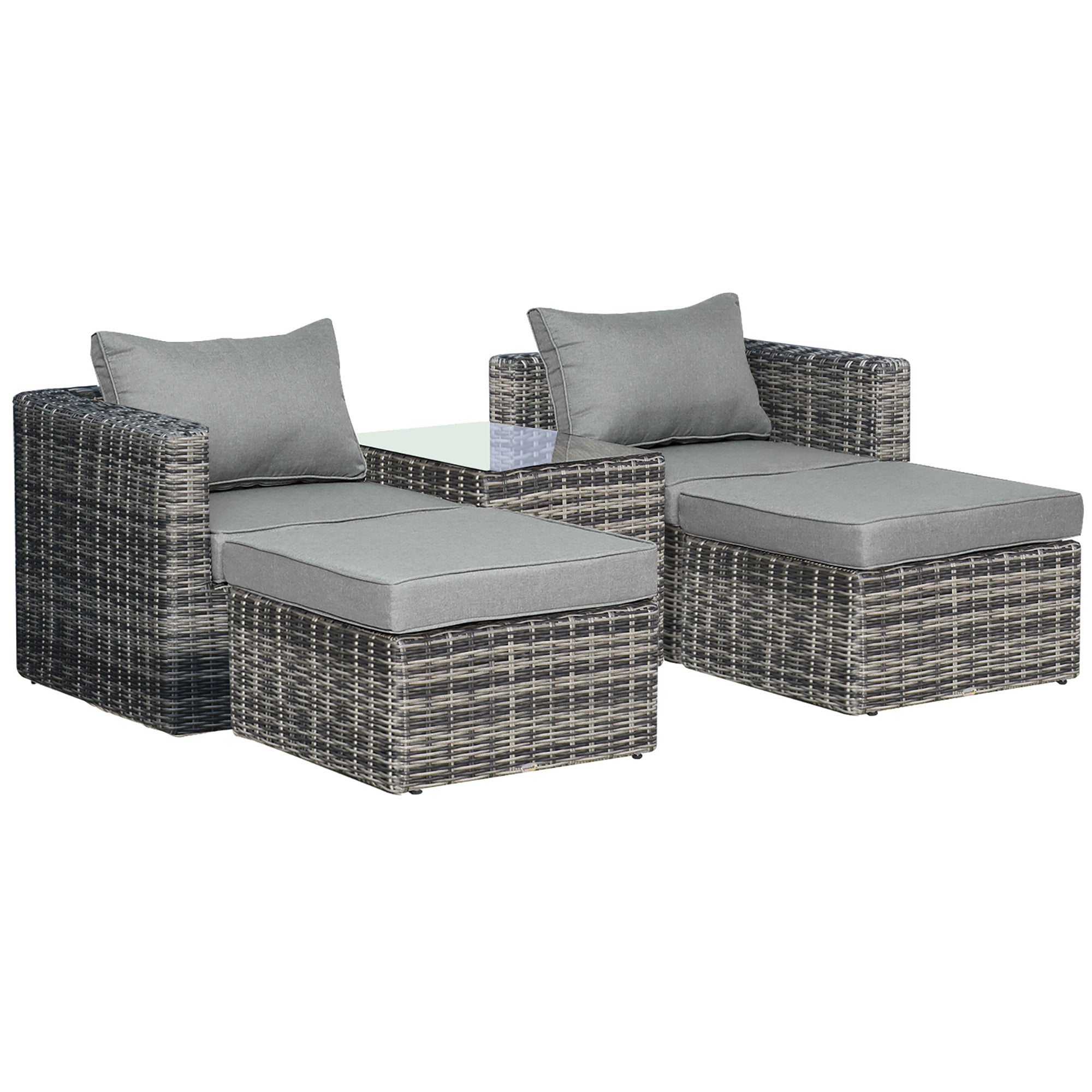 Outsunny Five Piece Rattan Armchair, Stool and Table Set - Mixed Grey 