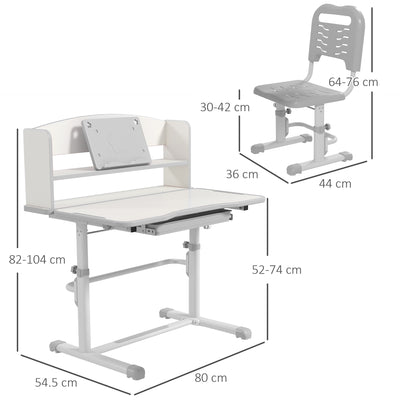 ZONEKIZ Height Adjustable Kids Study Table and Chair Set, with Drawer, Storage Shelf, 80 x 54.5 x 104 cm, Grey 