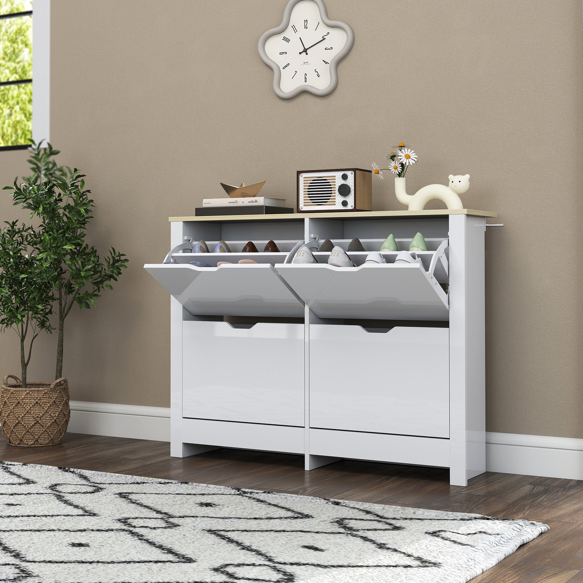 HOMCOM Slim Shoe Cabinet, Narrow Shoe Cupboard with 4 Flip Drawers, Adjustable Shelves for 16 Pairs of Shoes, White 