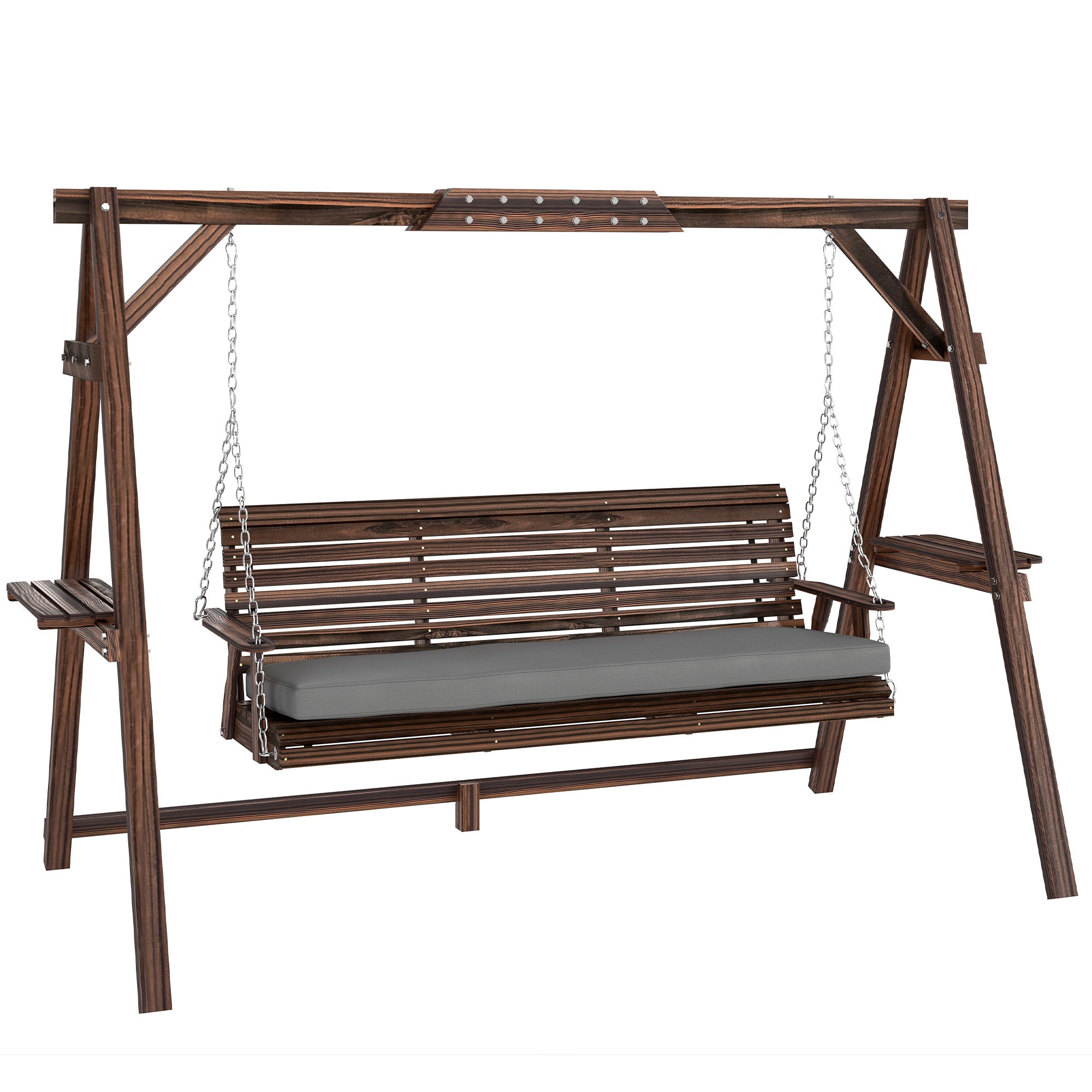 Outsunny 3 Seater Garden Swing Seat, Wooden Swing Chair Bench with Cushion, Side Trays and Metal Chains, for Outdoor Porch Patio, Carbonised Brown 