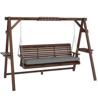 Outsunny 3 Seater Garden Swing Seat, Wooden Swing Chair Bench with Cushion, Side Trays and Metal Chains, for Outdoor Porch Patio, Carbonised Brown 