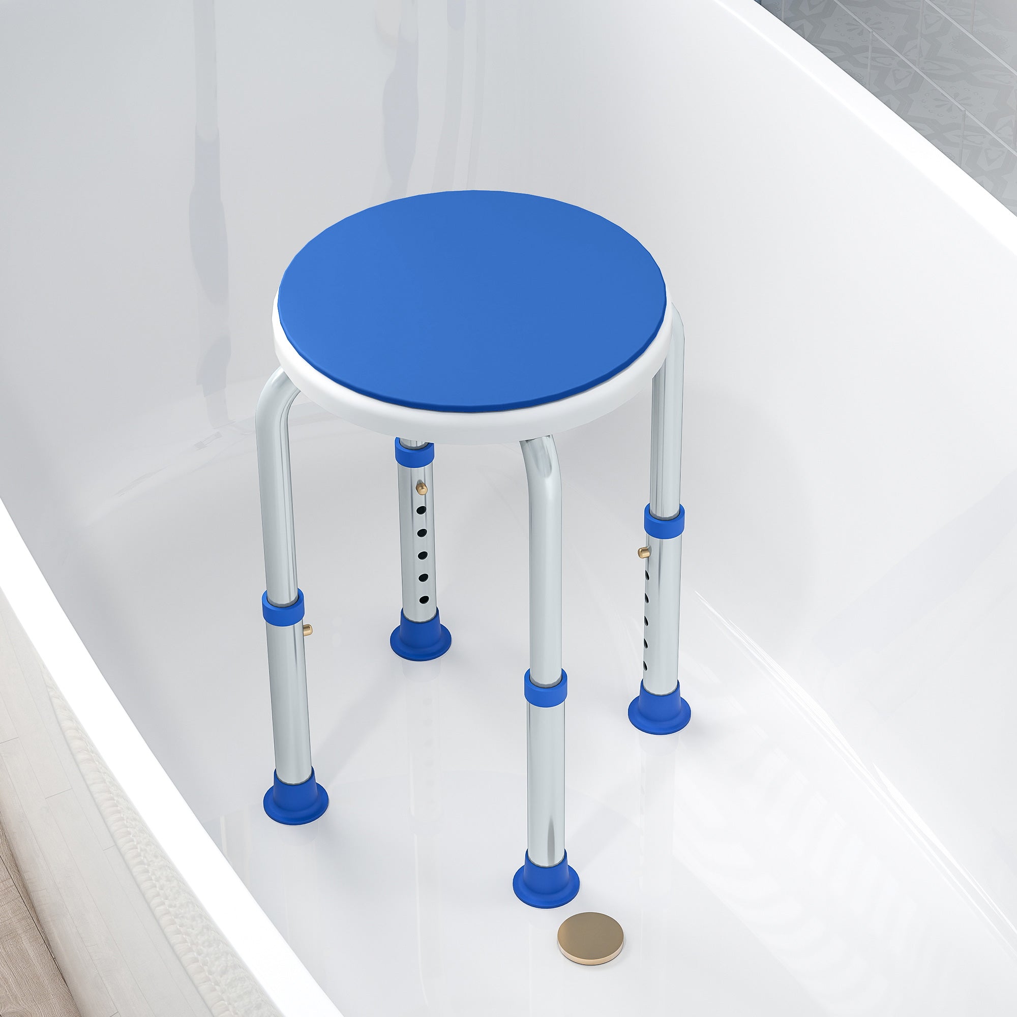 HOMCOM 360° Swivel Shower Chair, Height Adjustable Aluminium Shower Stool with Non-Slip Feet for Disabled, Elderly, Blue