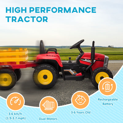 HOMCOM Ride On Tractor, Battery Powered Electric Car, with Detachable Trailer, Remote Control, Music - Red 