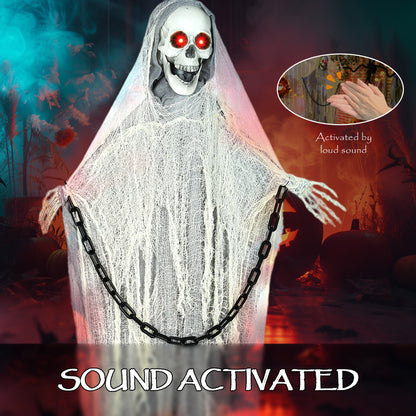 Outsunny 183 cm Life Size Halloween Animated Skeleton Grim Reaper with Glowing LED Eyes, Scary Halloween Decorations, Battery Operated, Indoor Party Props