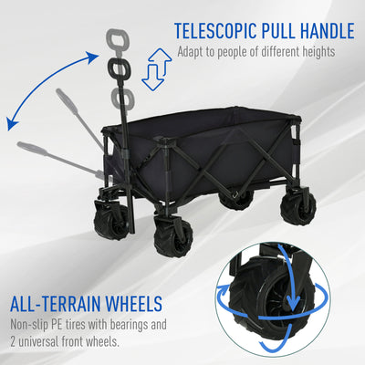Outsunny Outdoor Folding Garden Trolley on Wheels, Capming Cargo Wagon Cart Trailer w/ Handle, Wheels for Beach Garden, Black 