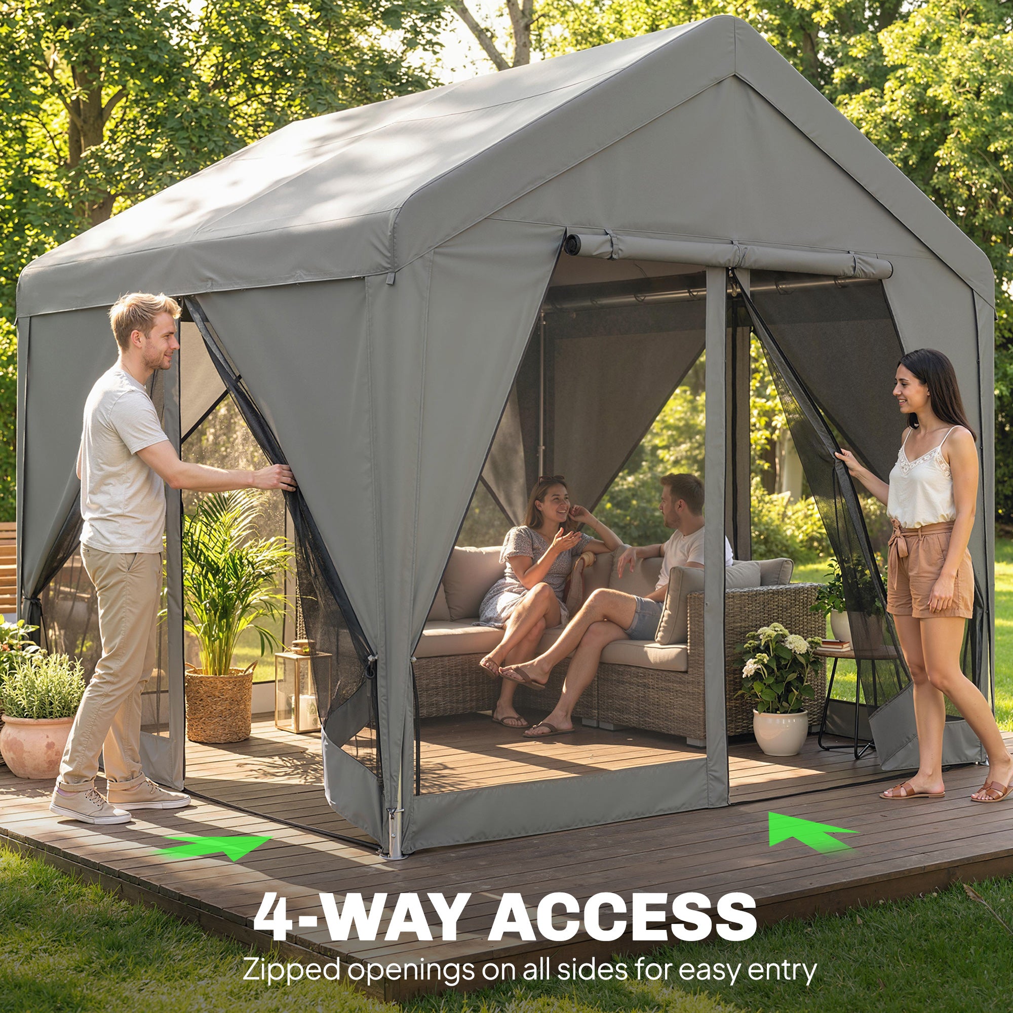 Outsunny 3 x 3 m Patio Gazebo with Netting & Curtains, Outdoor Canopy Shelter with Galvanised Steel Frame, Dark Grey 