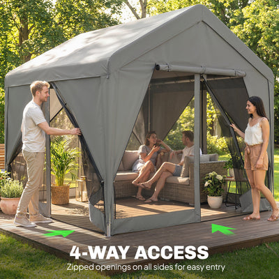 Outsunny 3 x 3 m Patio Gazebo with Netting & Curtains, Outdoor Canopy Shelter with Galvanised Steel Frame, Dark Grey 
