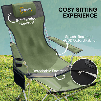 Outsunny Set of 2 Reclining Folding Camping Chair w/ Detachable Footrest, Storage Bag, Cup Holder & Headrest, Lightweight Portable Camp Chair for Beach, Picnic, Olive Green and Grey 