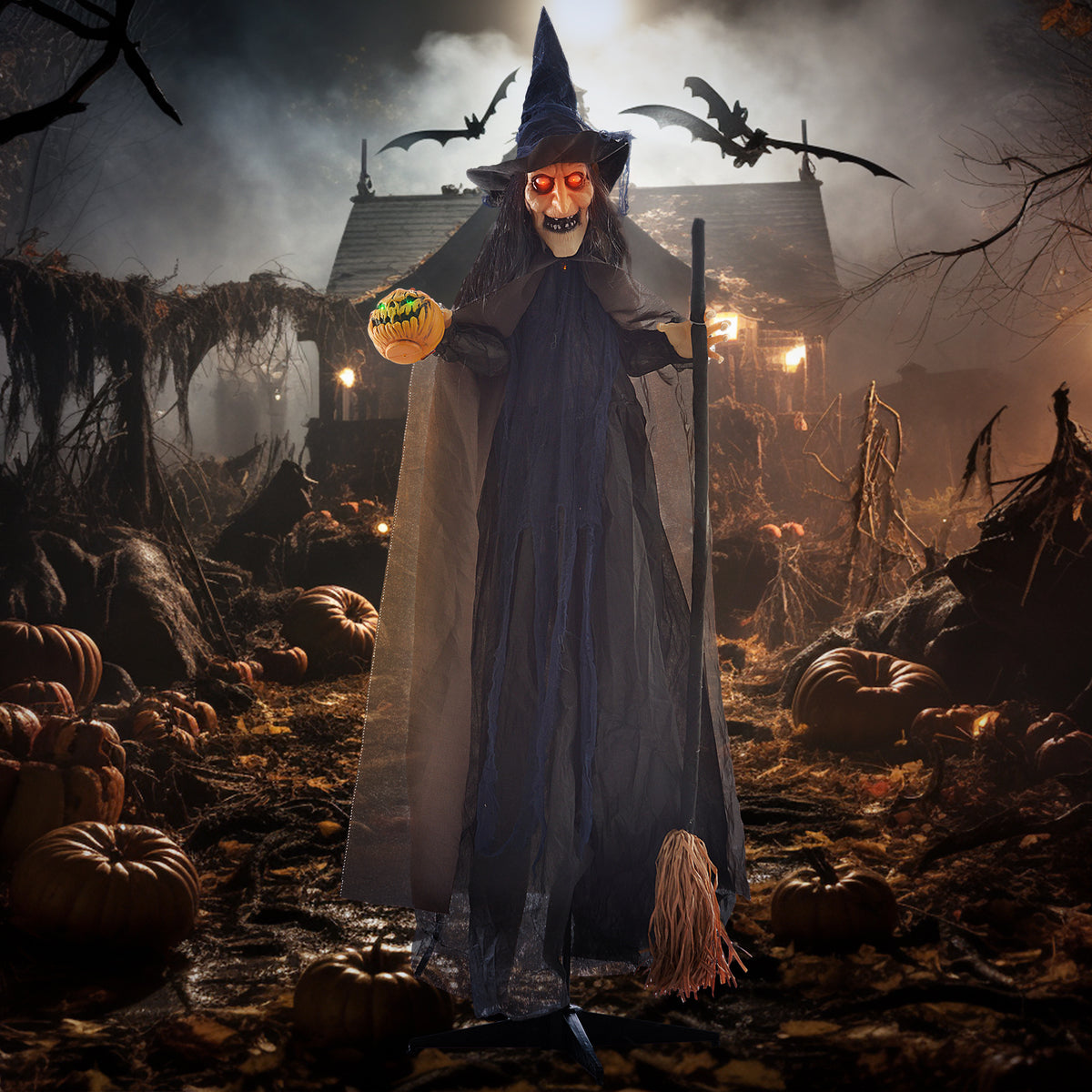 HOMCOM 6'2" Witch with Broomstick Halloween Animatronic, with Glowing Eyes 