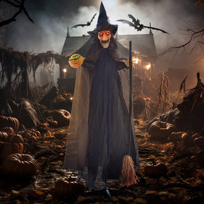 HOMCOM 6'2" Witch with Broomstick Halloween Animatronic, with Glowing Eyes 