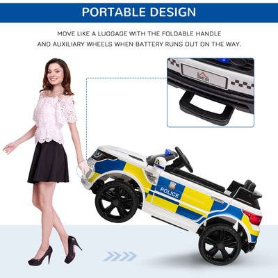 HOMCOM 12V Kids Electric Ride On Police Car 2 Motors with Parental Remote Control Siren Flashing Lights USB Portable for 3-6 Years White 