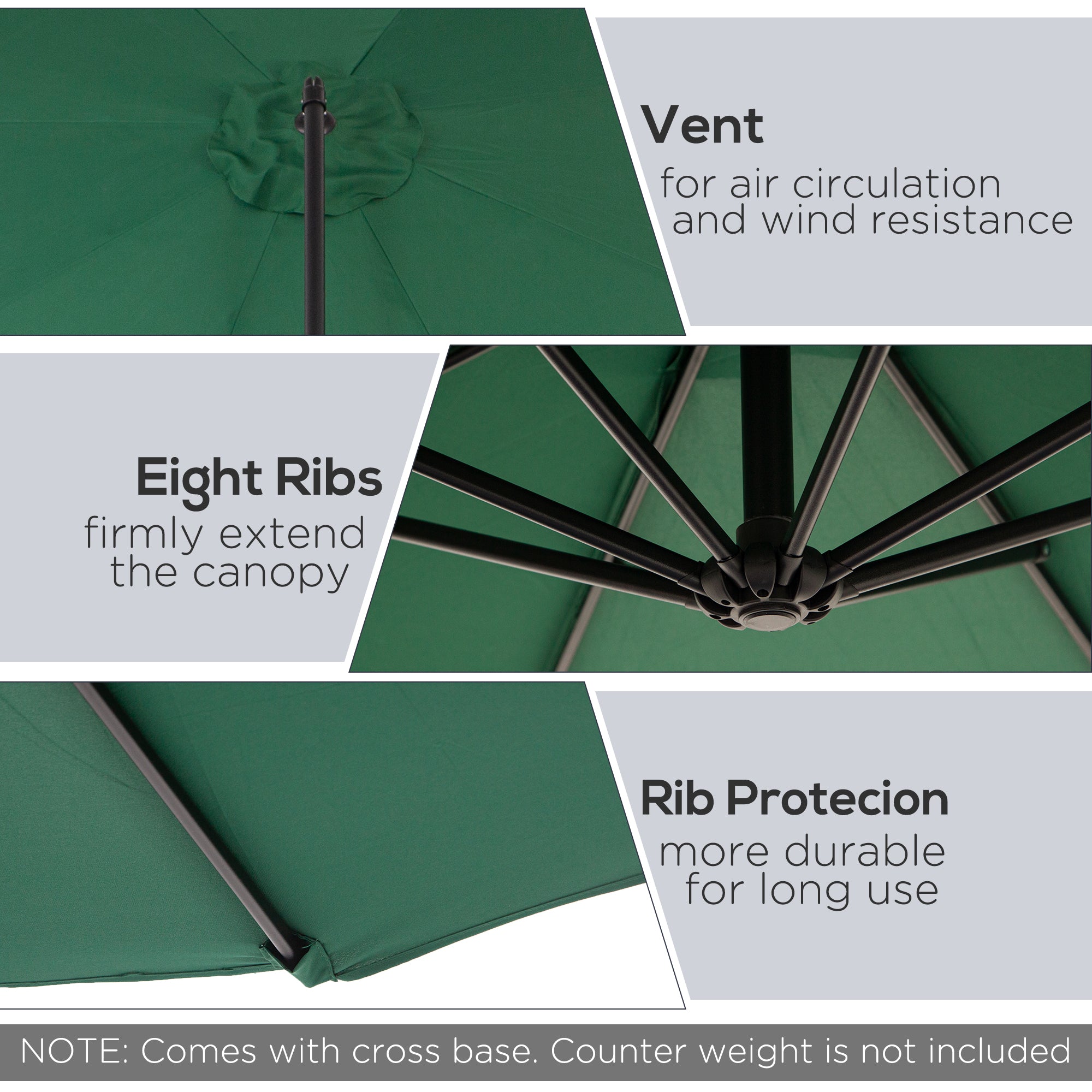 Outsunny 3(m) Banana Parasol Hanging Cantilever Umbrella with Crank Handle, 8 Ribs and Cross Base for Outdoor, Sun Shade, Dark Green 
