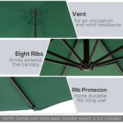 Outsunny 3(m) Banana Parasol Hanging Cantilever Umbrella with Crank Handle, 8 Ribs and Cross Base for Outdoor, Sun Shade, Dark Green 
