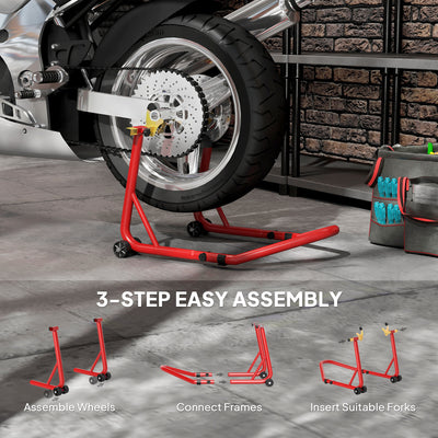 HOMCOM Motorcycle Rear Wheel Stand, 544 kg Capacity Heavy Duty Steel Motorbike Motorcycle Paddock Stand Lift with Adjustable U + L Forks, Wheels, Non-Slip Pads for Workshop Garage Repair, Red 