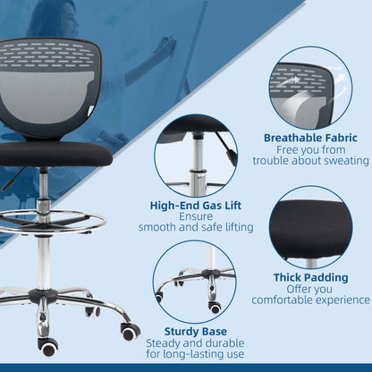 Vinsetto Drafting Chair, Swivel Office Draughtsman Chair, Mesh Standing Desk Chair with Adjustable Foot Ring, Armless, Grey 