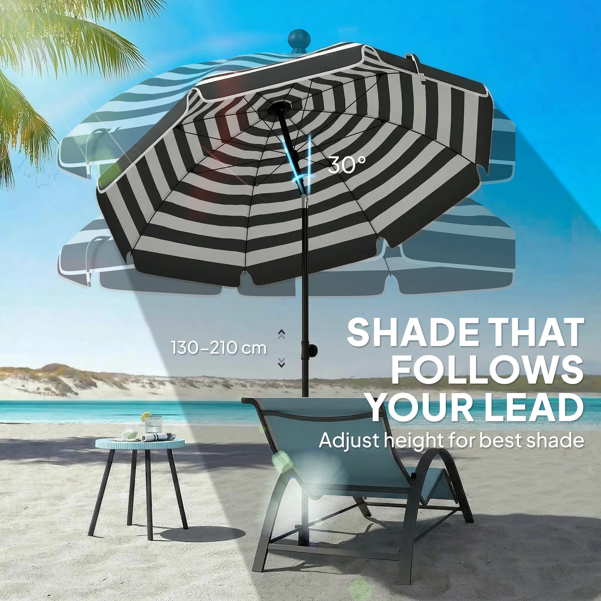 Outsunny 1.8 m Beach Umbrella Parasol with Sand Anchor, Portable 30° Tilting Patio Sun Shade with Adjustable Height, Grey/White 