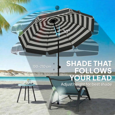 Outsunny 1.8 m Beach Umbrella Parasol with Sand Anchor, Portable 30° Tilting Patio Sun Shade with Adjustable Height, Grey/White 