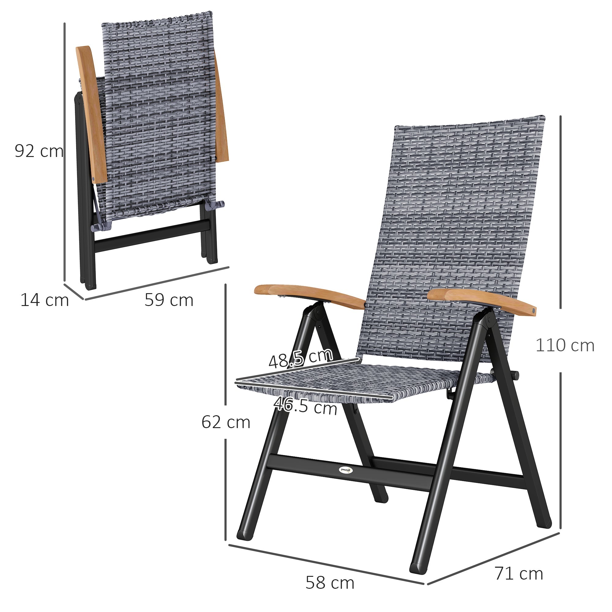 Outsunny 2 Pieces Outdoor Foldable Dining Chair with Armrests, High Backrest, for Garden, Camping, Balcony, Light Grey 