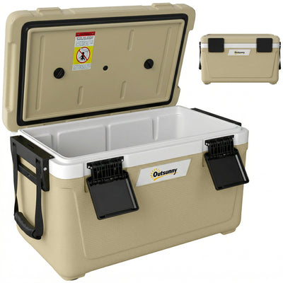 Outsunny 42.6L Insulated Cool Box, Lightweight Portable Ice Cooler with Handle, Lid and Drain Valve, Khaki 