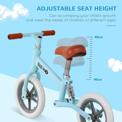 HOMCOM 12" Kids Balance Bike No Pedal Bicycle EVA Tire Adjustable Seat Toddler Training Bike W/ Shock Absorber 2 - 5 Years Gift for Boys Girls Blue 