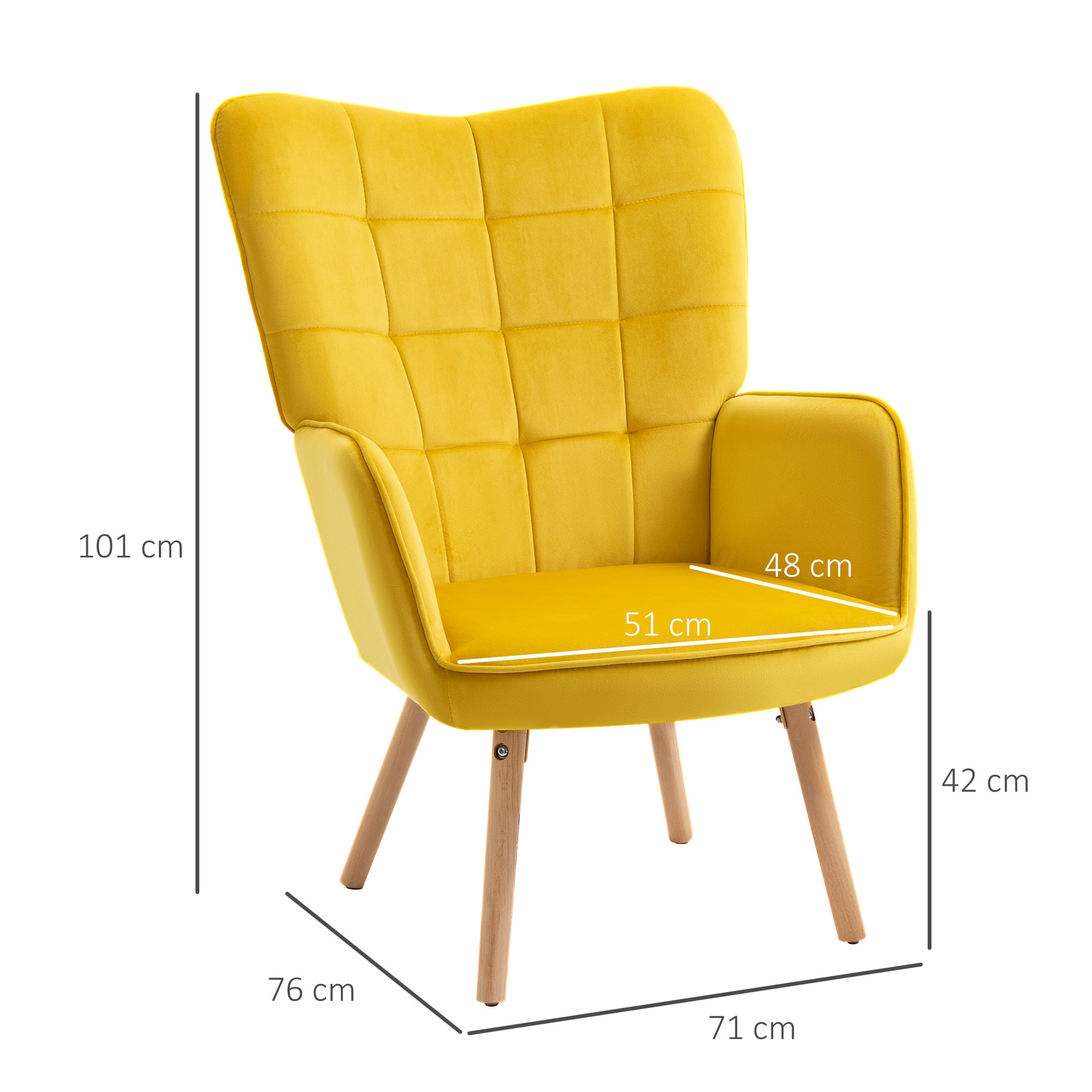 HOMCOM Modern Accent Chair, Upholstered Tufted Wingback Armchair with Seat Padding, Leisure Lounge Bedroom Chair with Wood Legs, Yellow 