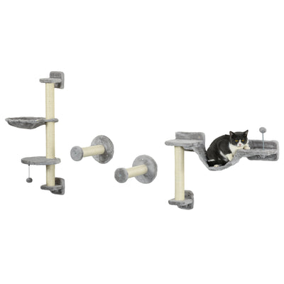 PawHut Four-Piece Cat Wall Furniture with Hammock, Perches, Ladder, Scratching Post, Grey 