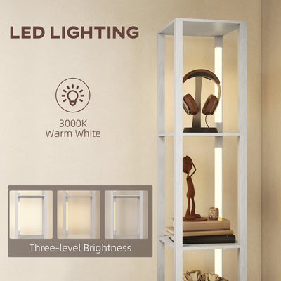 HOMCOM Floor Lamp with Shelves, LED Column Modern Standing Lamp with Fabric Drawer, Adjustable Brightness, Foot Switch for Living Room, Bedroom, Office, White 