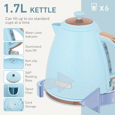 HOMCOM 1.7L 3000W Fast Boil Kettle & 2 Slice Toaster Set, Kettle and Toaster Set with Auto Shut Off, Browning Controls, Light Blue 