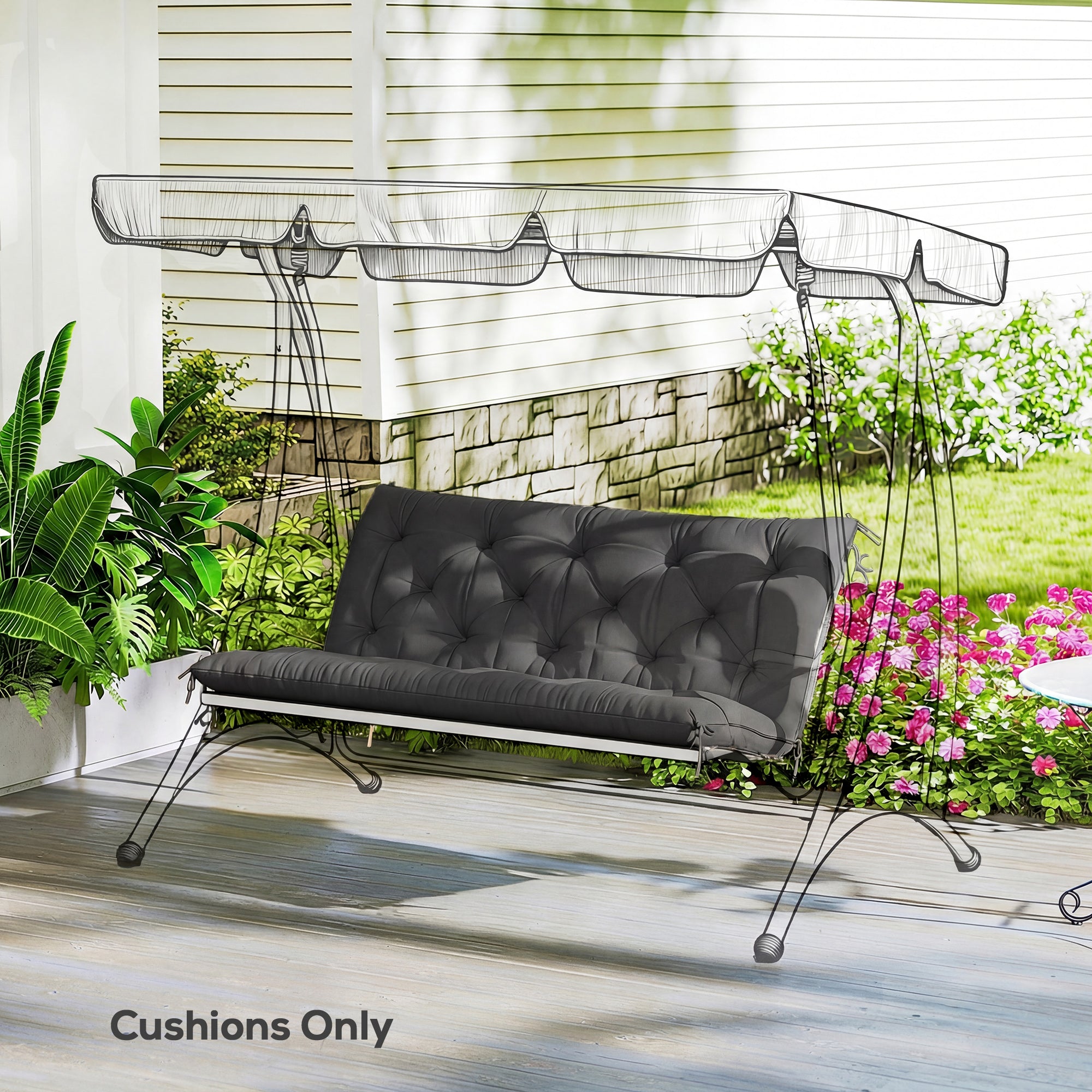 Outsunny Garden Bench Cushion, 2 Seater Swing Chair Cushion, Seat Pad with Ties for Indoor and Outdoor Use, 110 x 120 cm, Black 