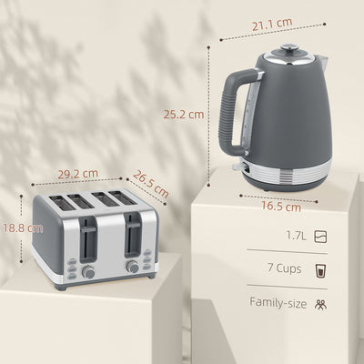 HOMCOM Stainless Steel Kettle and Toaster Set, 1.7L 3000W Rapid Boil Jug Kettle with UK Strix Thermostat, Limescale Filter, 4 Slice Toaster with 7 Browning Controls, Crumb Tray, Grey and Silver Tone 