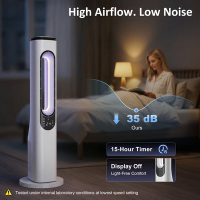 HOMCOM Bladeless Tower Fan for Bedroom, 35dB Standing Cooling Fan with Oscillating, LED Lights, 3 Speeds, 15H Timer, White 