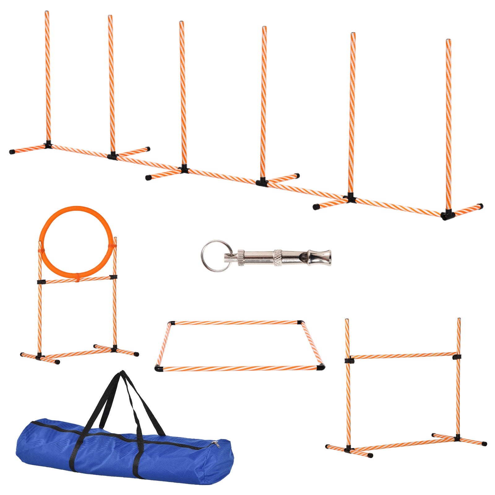 PawHut Dog Agility Equipment Pet Training Set with Adjustable Height Jump Ring Hurdle Whistle Weave Poles Square Pause Box Carry Bag 