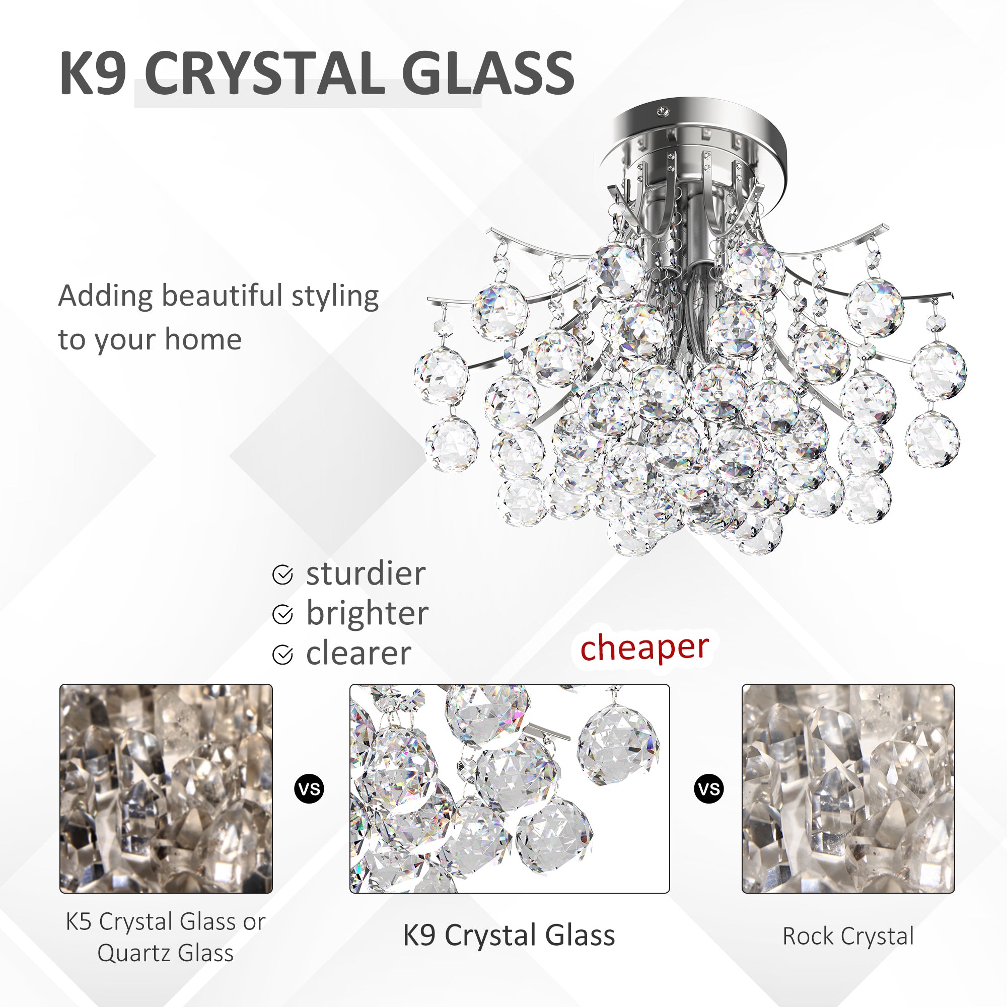 HOMCOM Crystal Chandeliers, K9 Droplets Ceiling Light with 3 E14 Bulb Base, Pendant Lights for Living Room, Bedroom, Dining Room, Hallway, Kitchen 