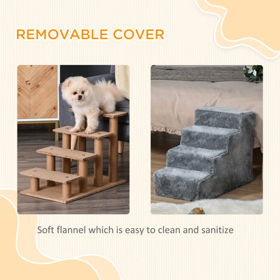 PawHut Four-Step Dog Stairs, with Washable Plush Cover, for High Bed Sofa, Dog Stairs for Small Dog and Cat - Light Grey 
