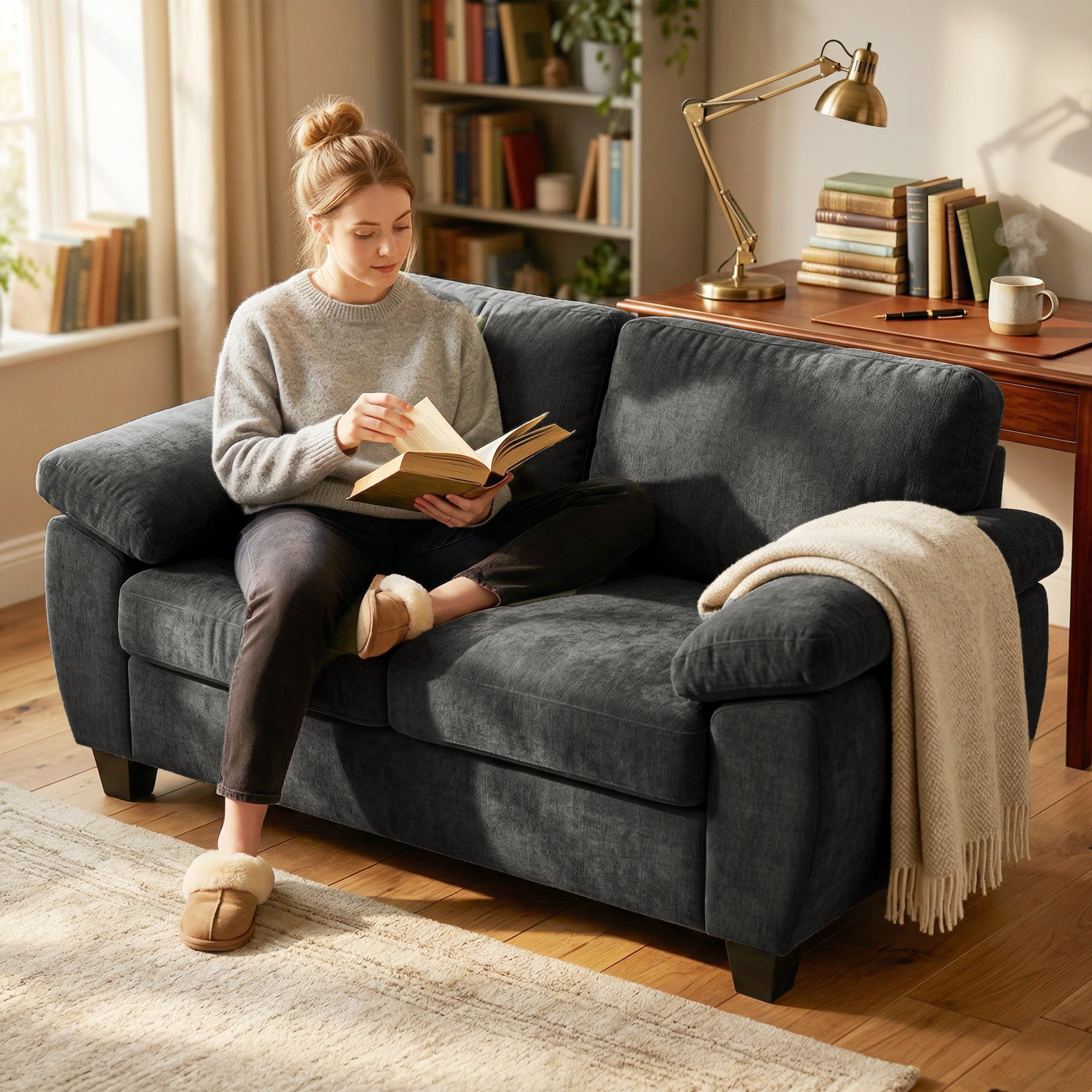 HOMCOM 2 Seater Sofa, 156cm Chenille Loveseat Sofa, Dark Grey 