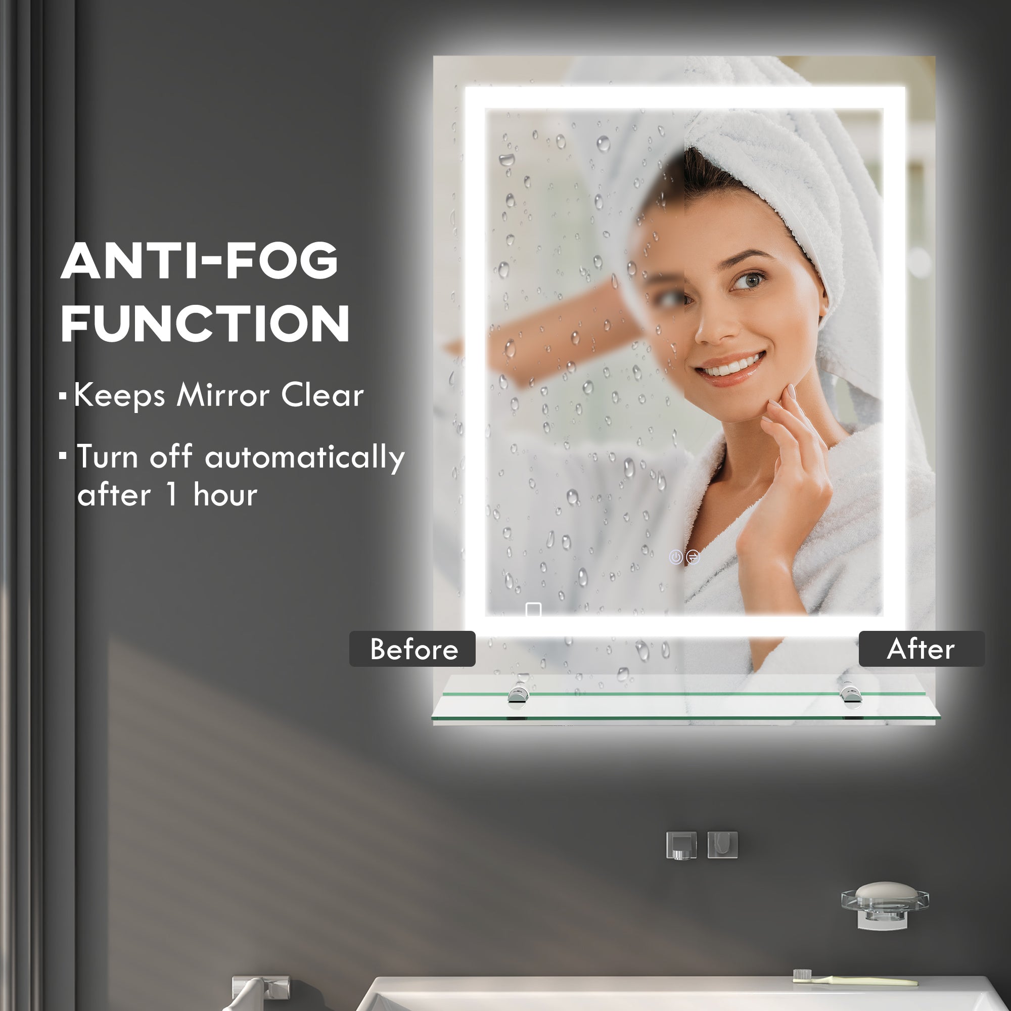 kleankin Large Vanity Mirror with Lights and Shelf, Illuminated bathroom Mirror with 3 Colour Brightness, Smart Touch, Anti-Fog 