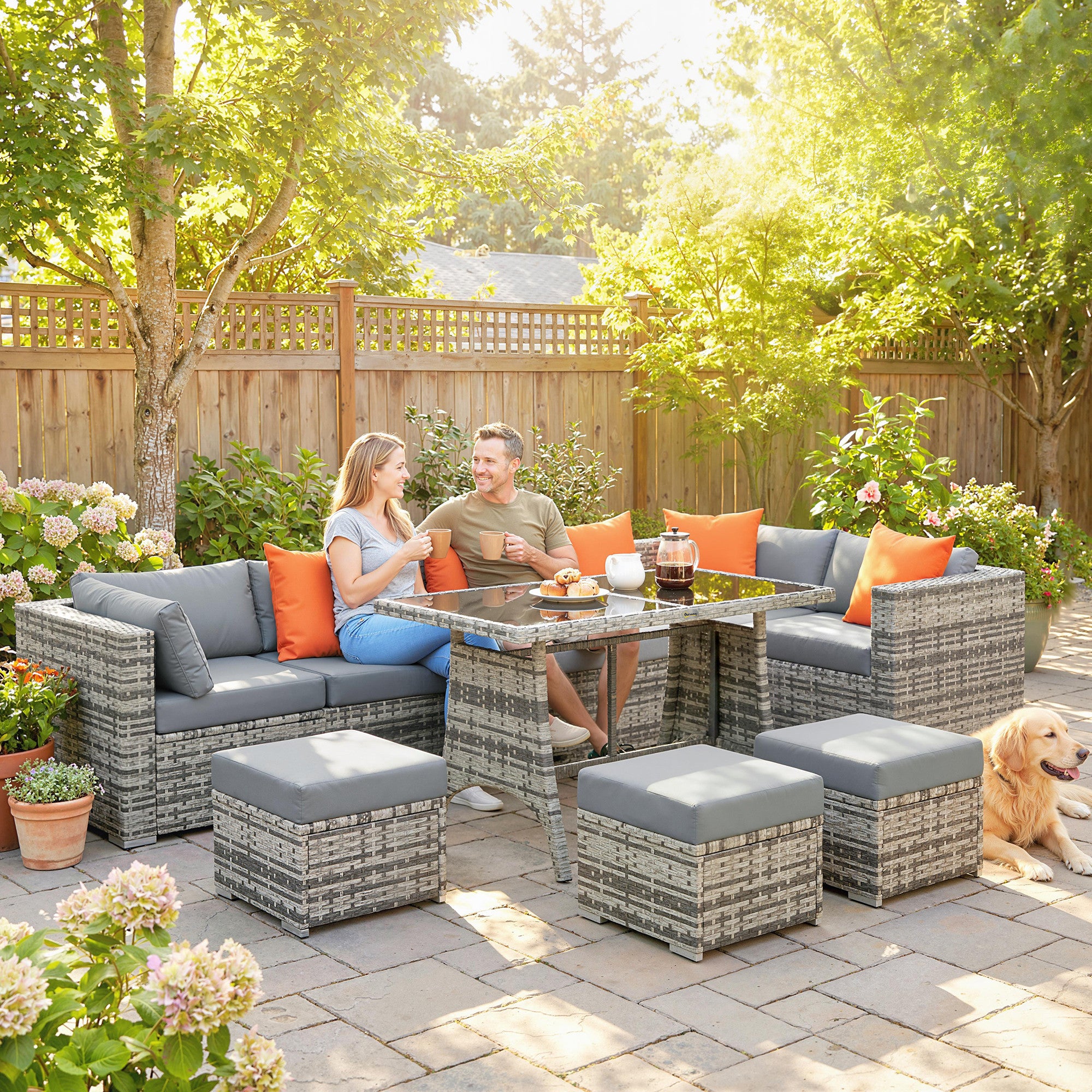 Outsunny 10 Piece Rattan Garden Furniture Set, 2 Corner Sofas with 4 Chairs, 4 Stools and Coffee Table, Outdoor Patio Furniture 