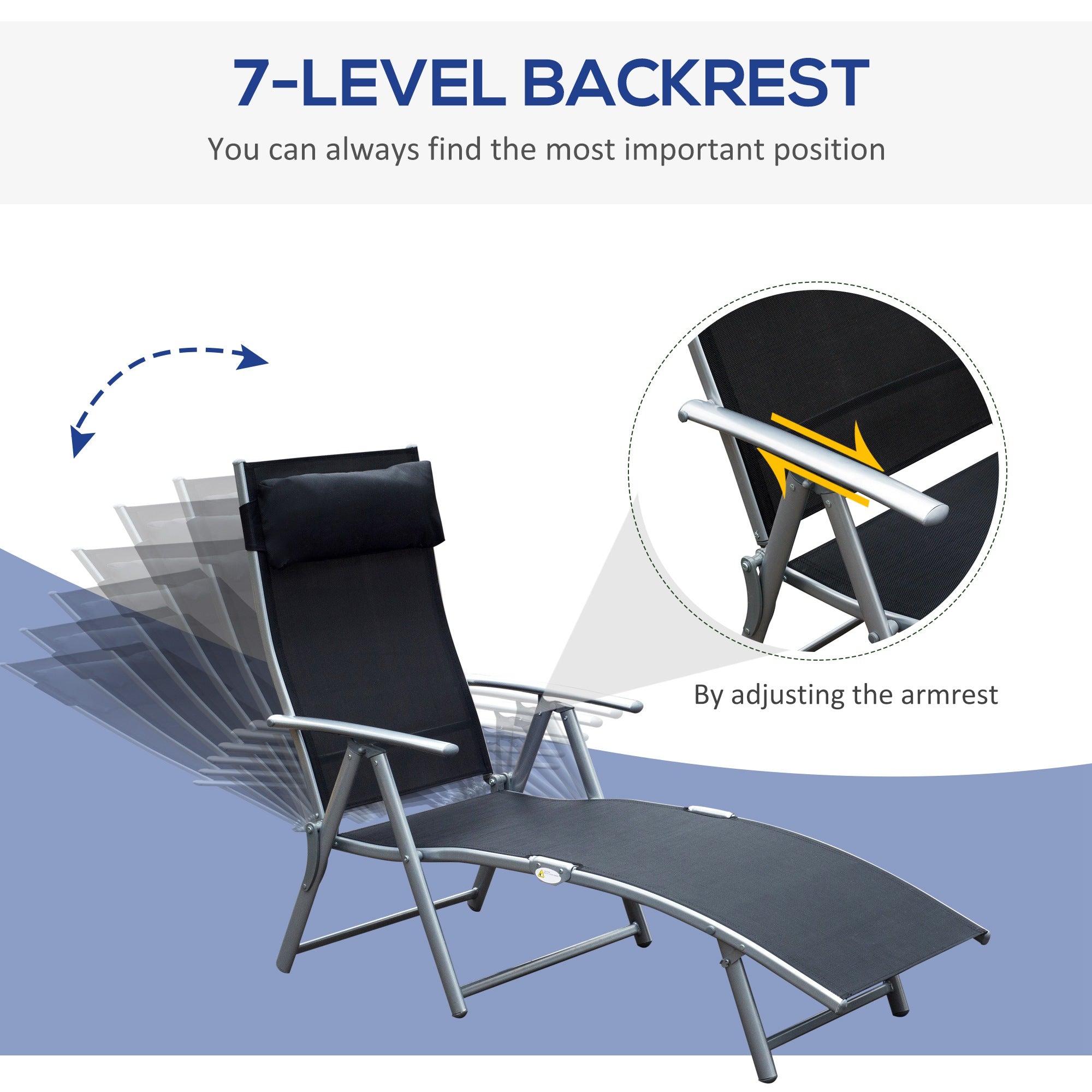 Outsunny Sun Lounger Steel Frame Outdoor Folding Chaise Texteline Lounge Chair Recliner with Headrest & 7 Levels Adjustable Backrest, Black 
