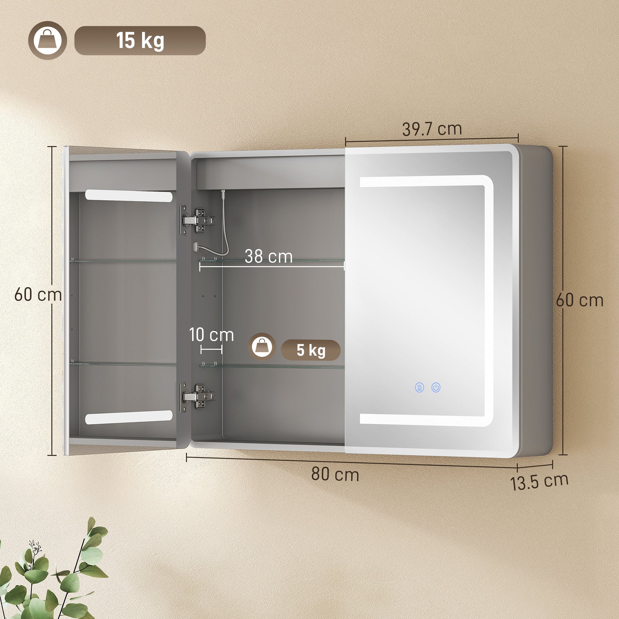 HOMCOM Mirrored Bathroom Cabinet with LED Lights, 60 x 80 cm Bathroom Mirror Cabinet with Anti-Fog, 3 Colour Dimmable Lighting 