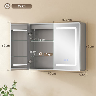 HOMCOM Mirrored Bathroom Cabinet with LED Lights, 60 x 80 cm Bathroom Mirror Cabinet with Anti-Fog, 3 Colour Dimmable Lighting 