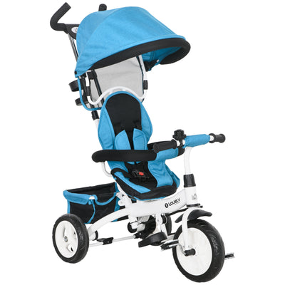 HOMCOM 6 in 1 Kids Trike Push Bike w/ Push Handle, Canopy, 5-point Safety Belt, Storage, Footrest, Brake, for 1-5 Years, Blue 