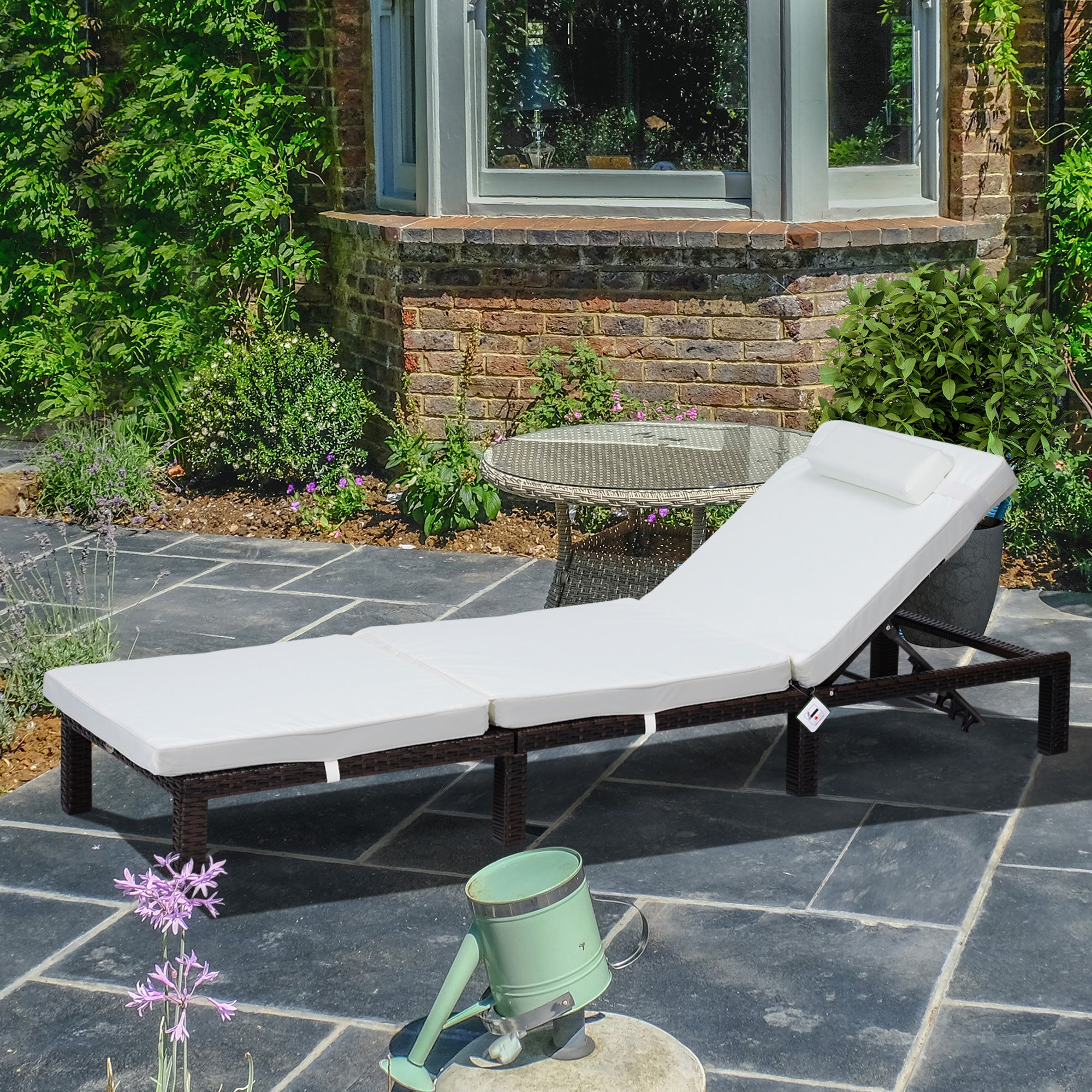 Outsunny Rattan Sun Lounger, 5-Level Adjustable Garden Lounger Recliner with Cushion and Headrest, Outdoor Reclining Sunbed, Steel Frame Garden Chair for Patio, Beach, Terrace, Cream White 