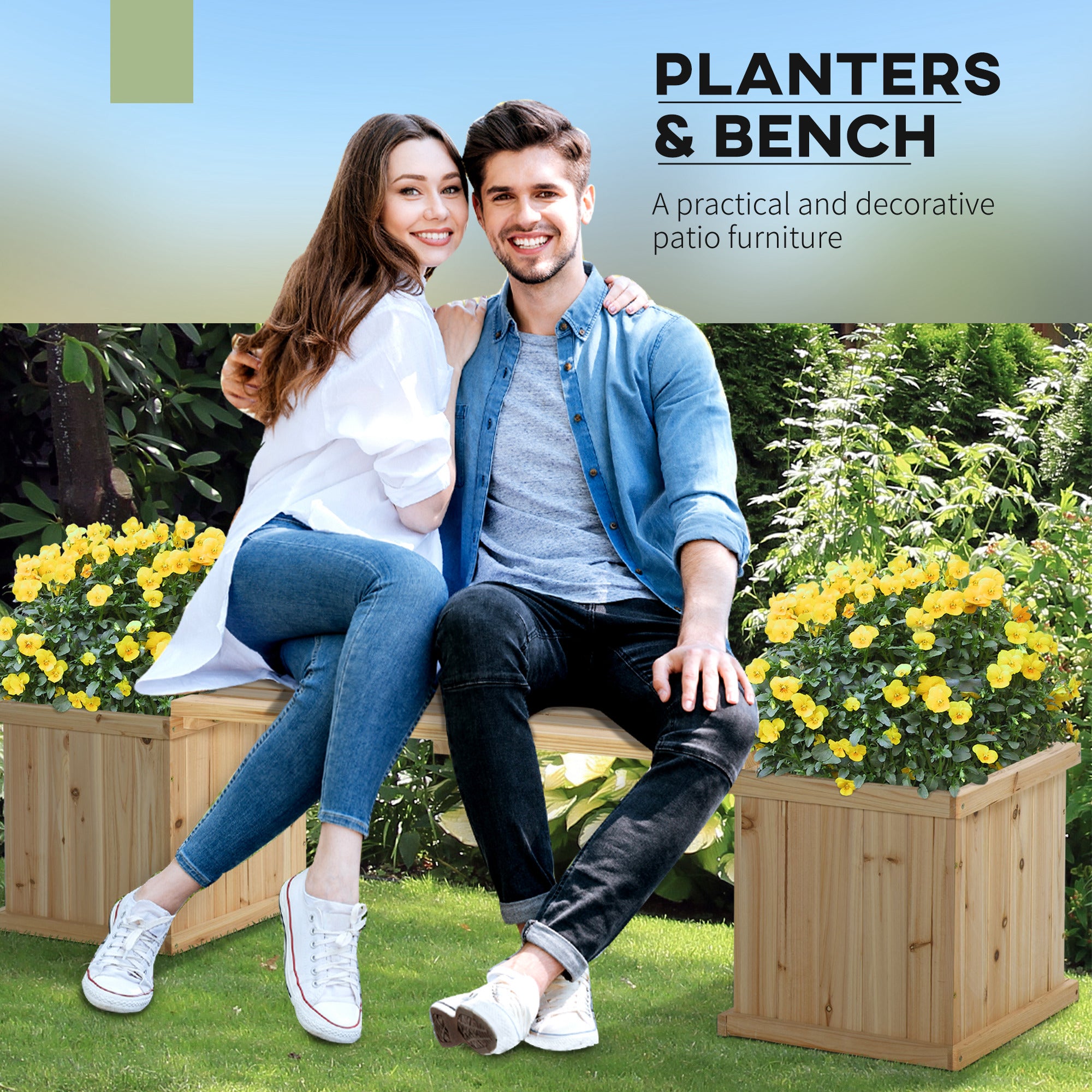 Outsunny 37L Wooden Garden Planter & Bench Combination Garden Raised Bed Patio Park Natural 176 x 38 x 40 cm 