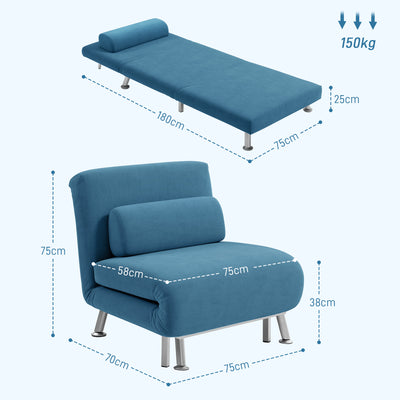 HOMCOM Single Velvet-Feel Sleeper Chair - Blue 