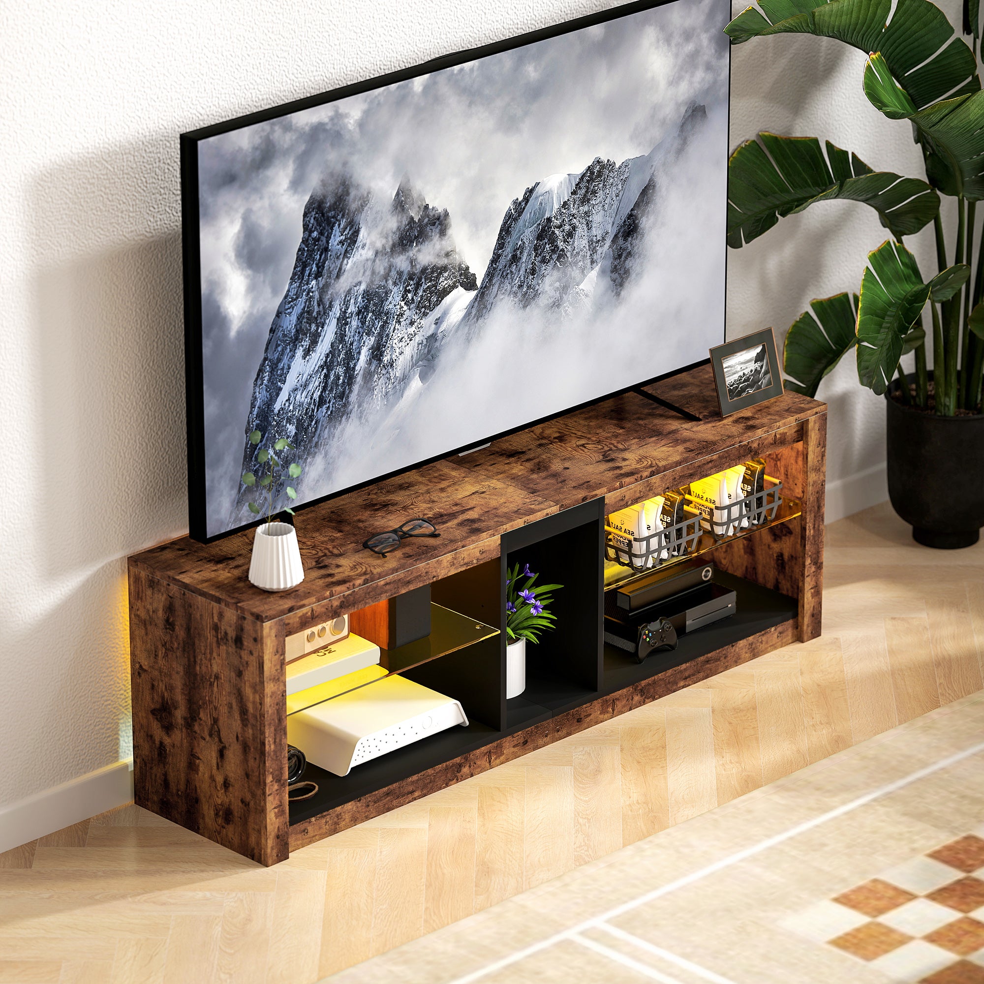 HOMCOM TV Stand Cabinet with LED Lights and Remote Control for TVs up to 65", Entertainment Centre with Storage Shelves and Compartment, Rustic Brown