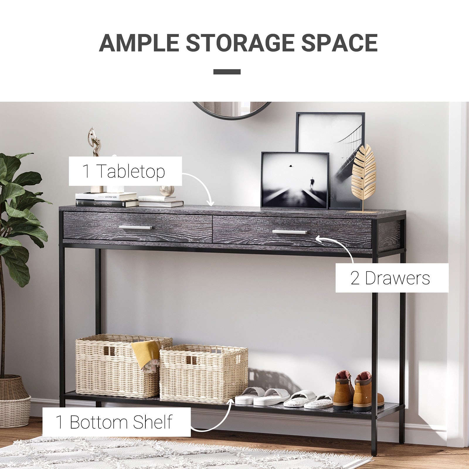 HOMCOM Console Table Worktop Bottom Shelf Home Two Drawer Industrial Minimal Style Grey Wood Tone Effect 